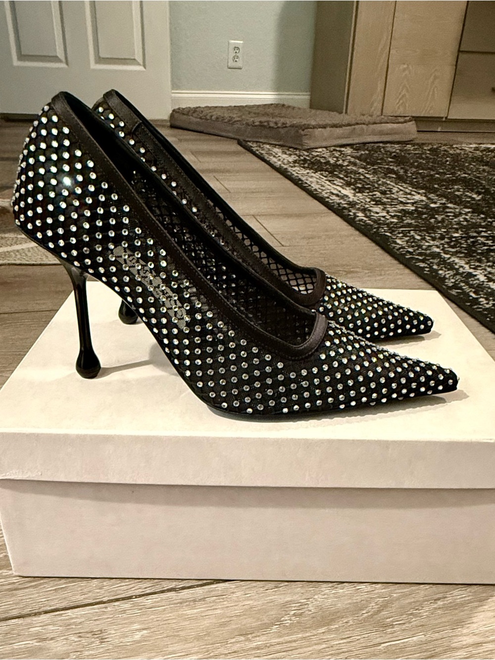Jimmy Choo Black Crystal-Studded Pointed Toe Pumps Size 37.5